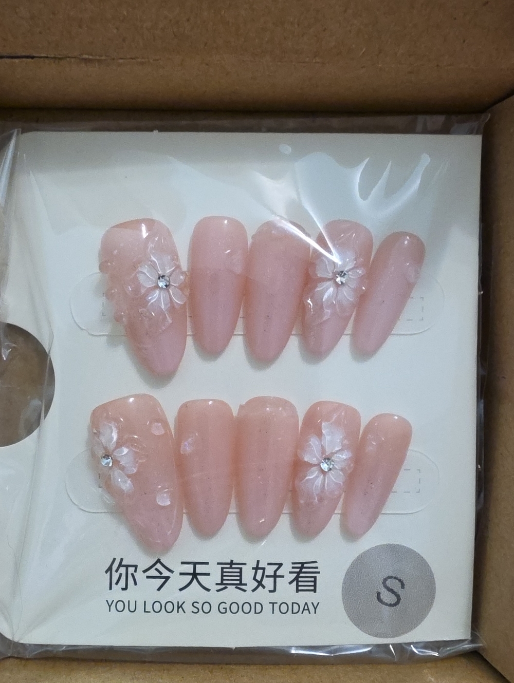 Press-On Almond Nails with 3D Floral Accent - Pink